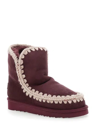 Mou Eskimo 18 Low Heels Ankle Boots In Bordeaux Suede In Burgundy