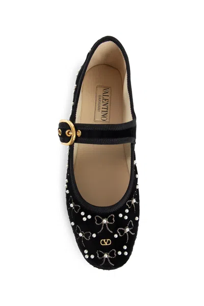 Valentino Signature Vlogo Ballerina Shoes In Velvet In Black