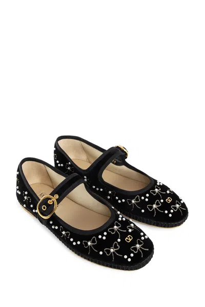 Valentino Signature Vlogo Ballerina Shoes In Velvet In Black