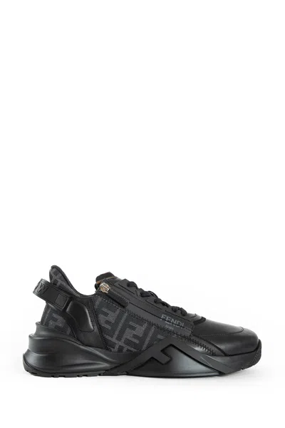 Fendi Men Leather Flow Sneakers With Ff Jacquard Fabric Inserts In Black