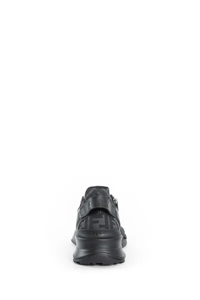 Fendi Men Leather Flow Sneakers With Ff Jacquard Fabric Inserts In Black