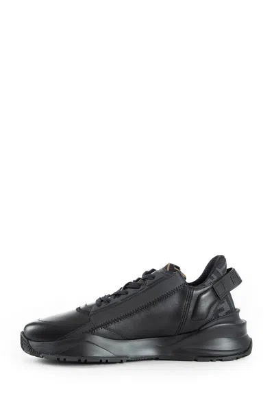 Fendi Men Leather Flow Sneakers With Ff Jacquard Fabric Inserts In Black