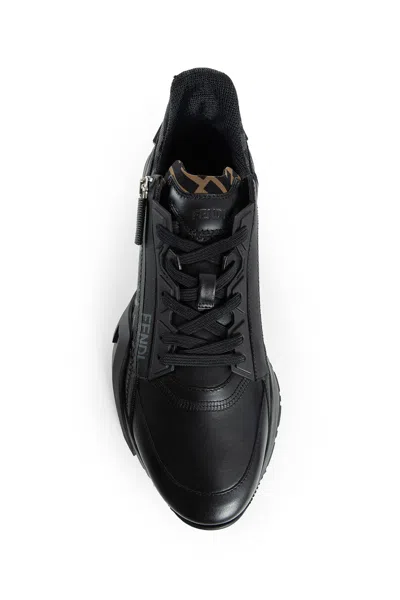 Fendi Men Leather Flow Sneakers With Ff Jacquard Fabric Inserts In Black