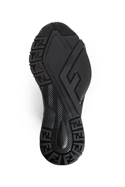 Fendi Men Leather Flow Sneakers With Ff Jacquard Fabric Inserts In Black