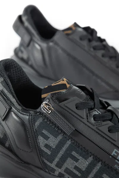 Fendi Men Leather Flow Sneakers With Ff Jacquard Fabric Inserts In Black