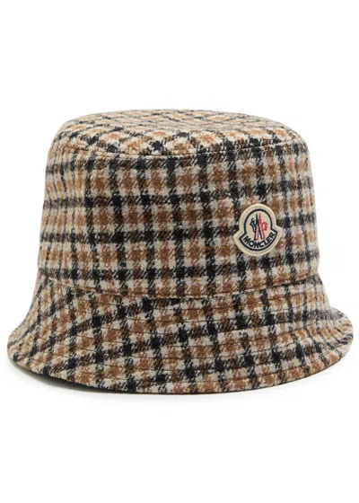 Moncler Reversible Houndstooth Wool-blend Bucket Hat In Brown