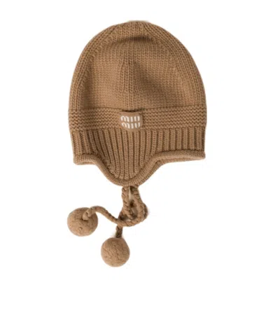Miu Miu Camel Wool Blend Beanie Hat In Brown