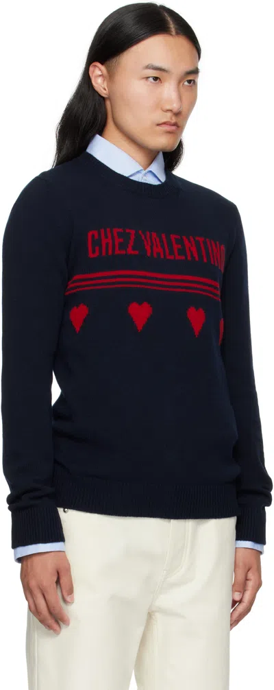 Valentino Wool Sweater Heart Motif In Blue