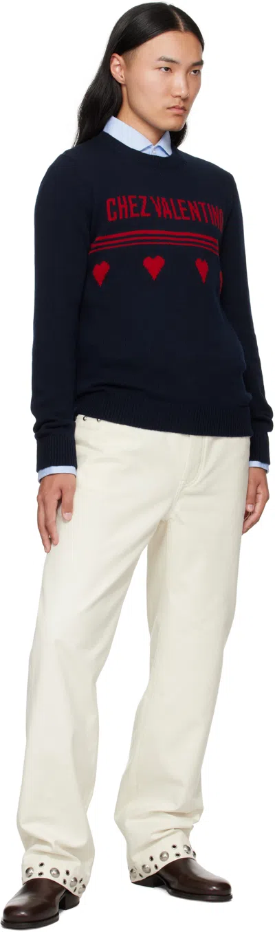 Valentino Wool Sweater Heart Motif In Blue