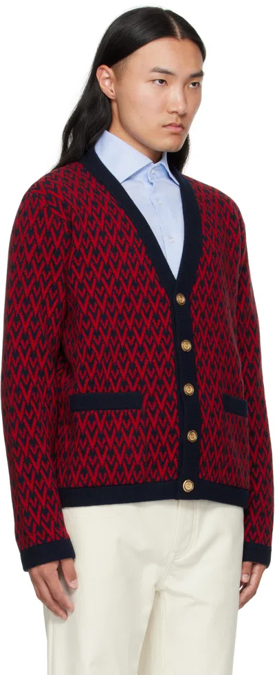 Valentino Toute La V Jacquard Wool Cardigan In Red