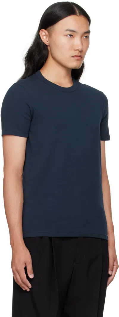 Tom Ford Navy Lyocell Cotton Crewneck T-shirt In Blue