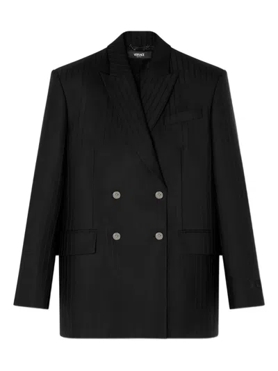 Versace Longline Wool Blazer Featuring Structured Shoulders In Black