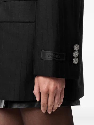 Versace Longline Wool Blazer Featuring Structured Shoulders In Black