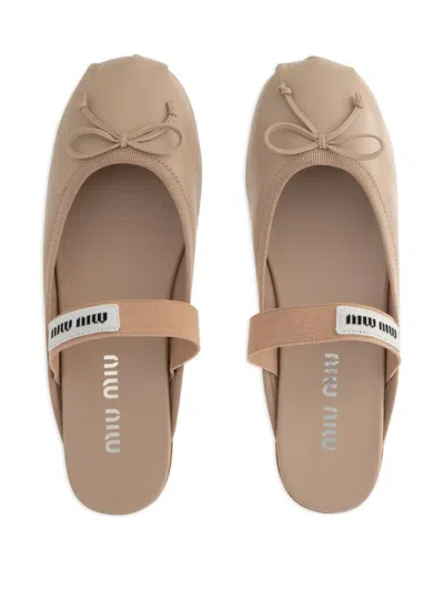 Miu Miu Bow-detail Elastic-strap Ballet Flats In Neutral
