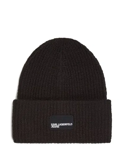 Karl Lagerfeld Jeans Logo-patch Ribbed Beanie In Brown