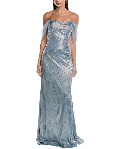 Rene Ruiz Off-shoulder Metallic Gown In Blue