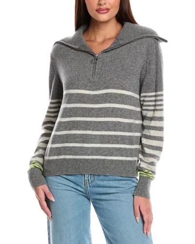 Brodie Cashmere Sabrina Stripe Zip Cashmere Polo Top In Gray