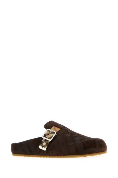 Burberry Strap Patterned Round Toe Rubber Sole Slip-on In Brown