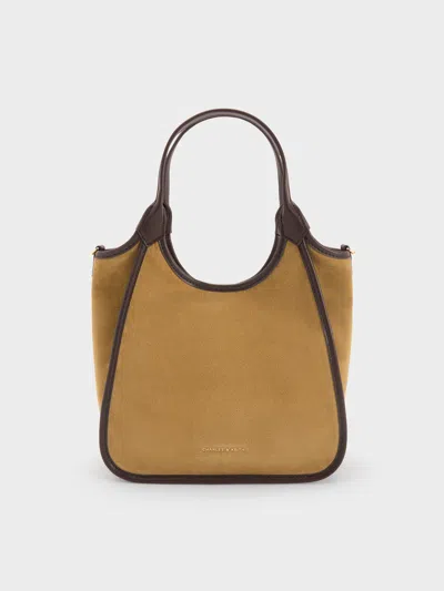 Charles & Keith - Mini Sianna Recycled Suede Contrast-trim Tote Bag In Sand