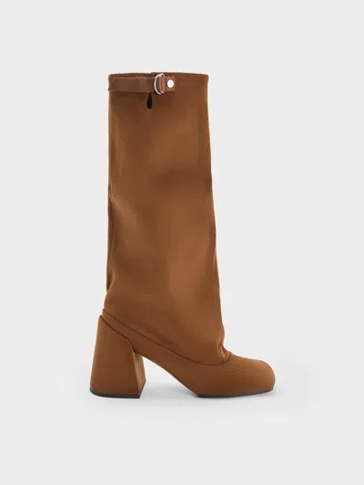 Charles & Keith - Robbie Faux Suede Side-buckle Block-heel Knee-high Boots In Brown