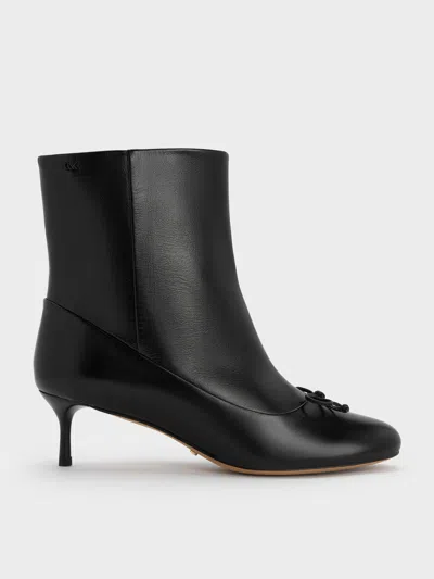 Charles & Keith - Aretha Leather Bow Kitten-heel Calf Boots In Black