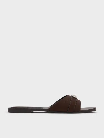 Charles & Keith - Lando Faux Suede Metallic-accent Belted Slide Sandals In Brown