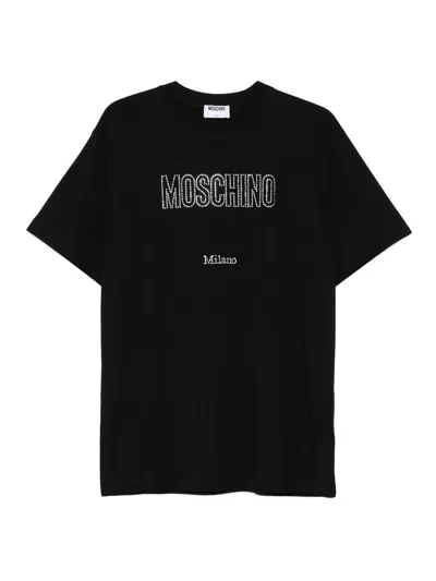 Moschino Crystal Logo Crew Neck T-shirt With Short Sleeves In Black