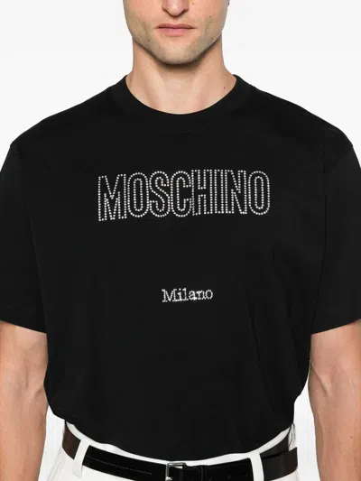Moschino Crystal Logo Crew Neck T-shirt With Short Sleeves In Black