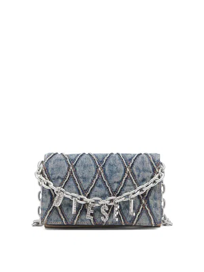 Diesel Quilted Gray Wallet With Chain Strap In Blue
