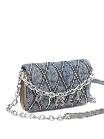 Diesel Quilted Gray Wallet With Chain Strap In Blue
