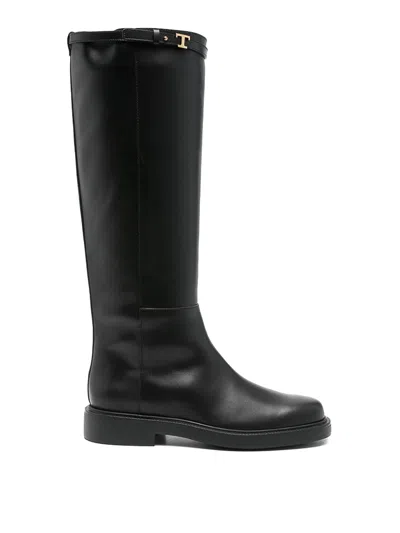 Tod's T-buckle Leather Knee-high Boots In Black