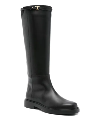 Tod's T-buckle Leather Knee-high Boots In Black
