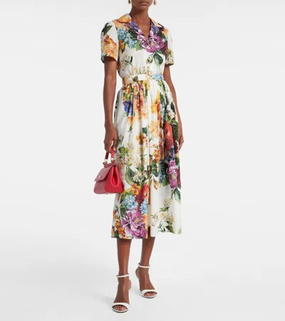 Dolce & Gabbana Midi Poplin Dress With Flower Bouquet Print Dolce E Gabbana In Multi