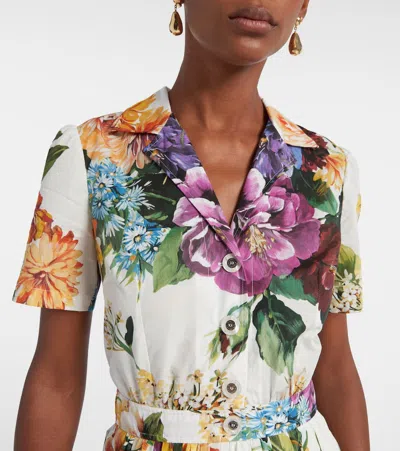 Dolce & Gabbana Midi Poplin Dress With Flower Bouquet Print Dolce E Gabbana In Multi