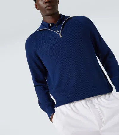 Brunello Cucinelli Blue Cashmere Blend Lightweight Half-zip Sweater
