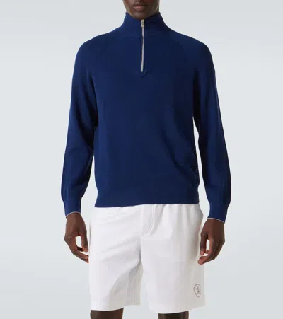 Brunello Cucinelli Blue Cashmere Blend Lightweight Half-zip Sweater