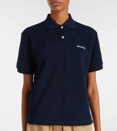 Miu Miu Short Sleeve Cotton Polo Shirt In Blue