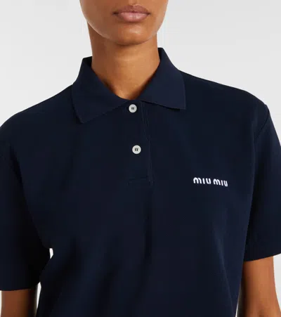 Miu Miu Short Sleeve Cotton Polo Shirt In Blue