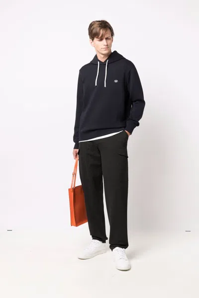 Emporio Armani Ribbed Navy Cotton Hoodie With Drawstring In Blue