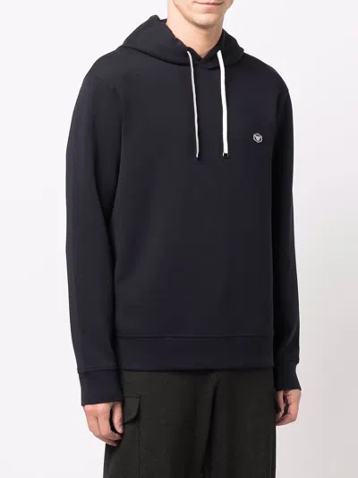 Emporio Armani Ribbed Navy Cotton Hoodie With Drawstring In Blue
