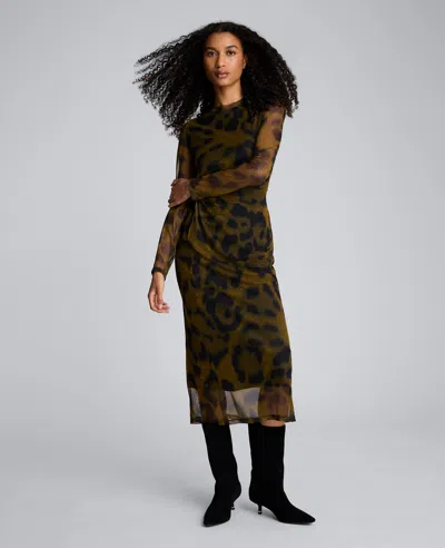 Kenneth Cole Printed Mesh Knot Front Long Sleeve Midi Dress In Brown