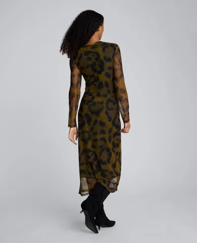 Kenneth Cole Printed Mesh Knot Front Long Sleeve Midi Dress In Brown