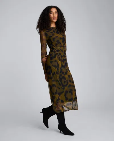 Kenneth Cole Printed Mesh Knot Front Long Sleeve Midi Dress In Brown