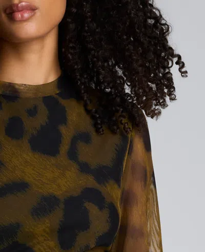 Kenneth Cole Printed Mesh Knot Front Long Sleeve Midi Dress In Brown