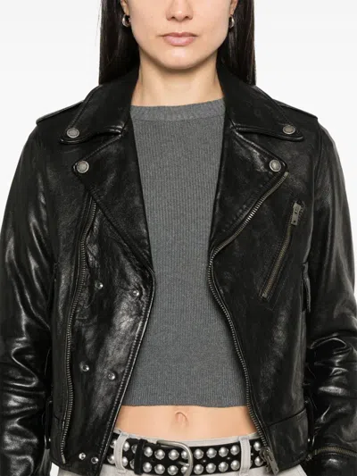 Golden Goose Shiny Black Sheepskin Biker Jacket With Sturdy Zip In Black