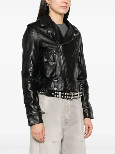 Golden Goose Shiny Black Sheepskin Biker Jacket With Sturdy Zip In Black