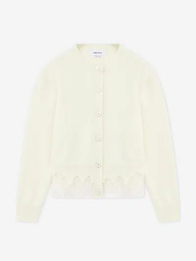 Alexander Mcqueen Lace-trimmed Distressed Wool And Cashmere-blend Cardigan In Neutral