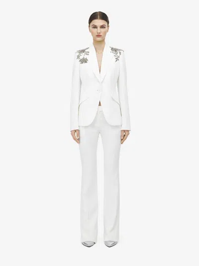 Alexander Mcqueen Crystal Embellished Shoulder Single-breasted Blazer In White