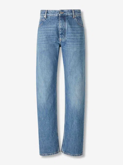 Bottega Veneta Straight Leg Denim Trousers Green Patch In Blue