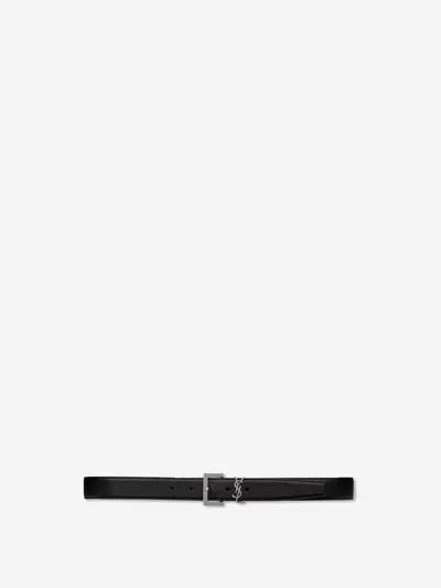 Saint Laurent Cassandre Buckle Grained Leather Belt In Black